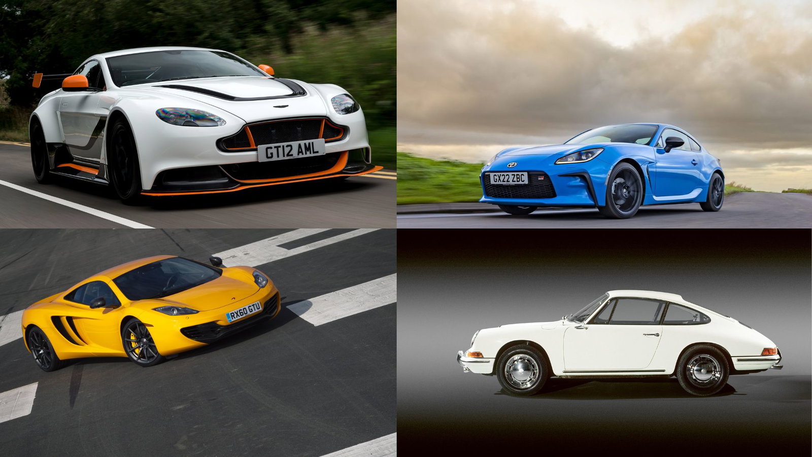 Clockwise from top left: Aston Martin Vantage GT12, Toyota GR86, Porsche 911, McLaren 12C